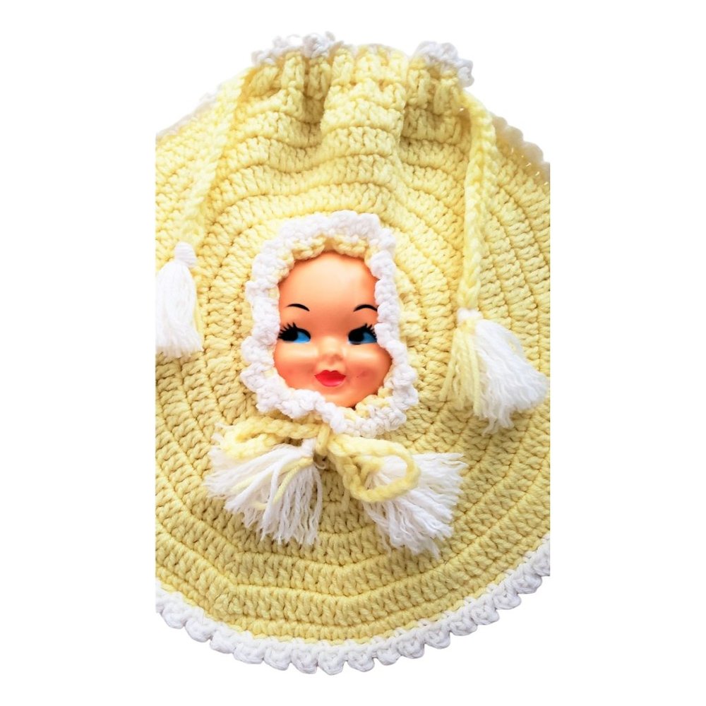 Vintage Doll Face Crochet Pillow Cover 14" Round